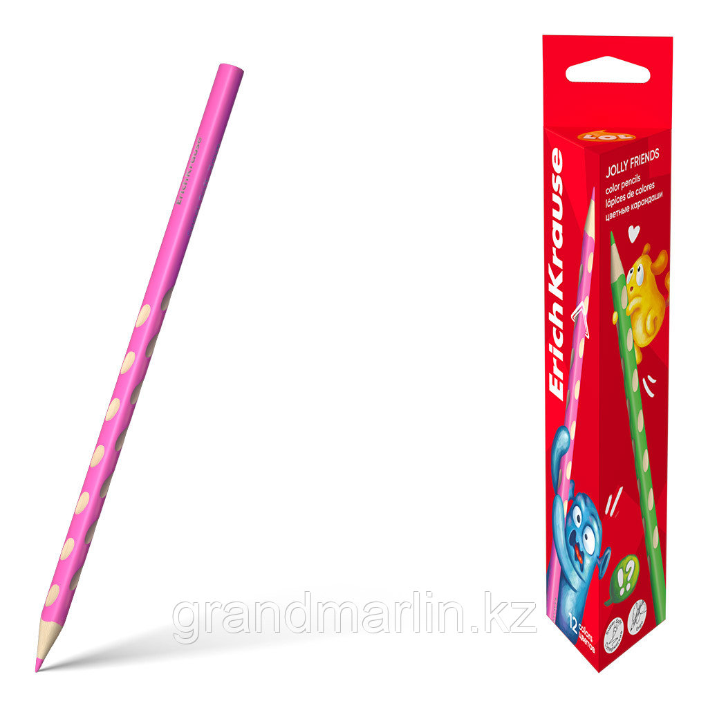 Цветные карандаши деревянные эргономичные ErichKrause Jolly Friends трехгранные, грифель 3 мм, 12 цв, фото 1