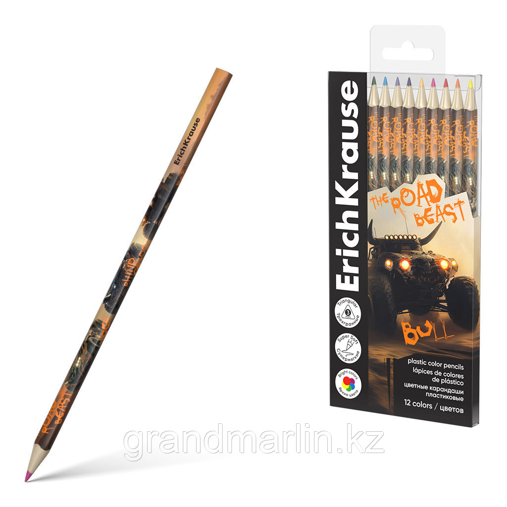 Цветные карандаши пластиковые ErichKrause Road Beast трехгранные, грифель 3 мм, 12 цветов (в ПЭТ-бок, фото 1