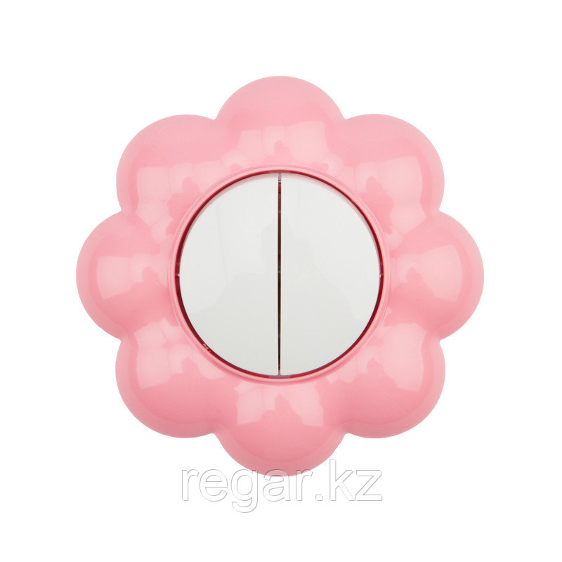 Выключатель двухклавишный HAPPY Цветок с/у, белый/розовый KRANZ, фото 1