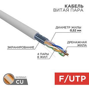 Кабель витая пара F/UTP, CAT 5e, PVC, 4х2х0,52 мм, 24AWG, INDOOR, SOLID, серый, 305м, серия PRO REXANT