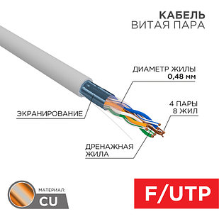 Кабель витая пара, F/UTP, CAT 5е, PVC, 4PR, 24AWG, INDOOR, SOLID, серый, 305м PROconnect