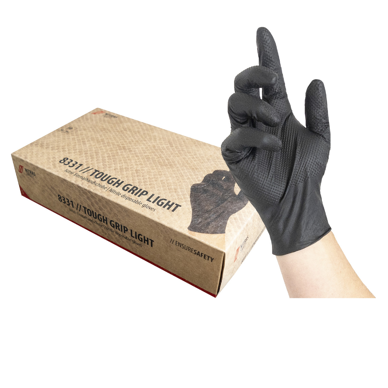 NITRAS 8331 TOUGH GRIP LIGHT, нитриловые одноразовые перчатки, черные, нестерильные, без пудры, 50 шт, фото 1