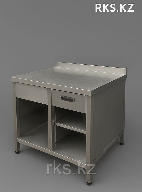 Стол производственный из нержавеющей стали с ящиком и открытыми полками (с бортом),RKS