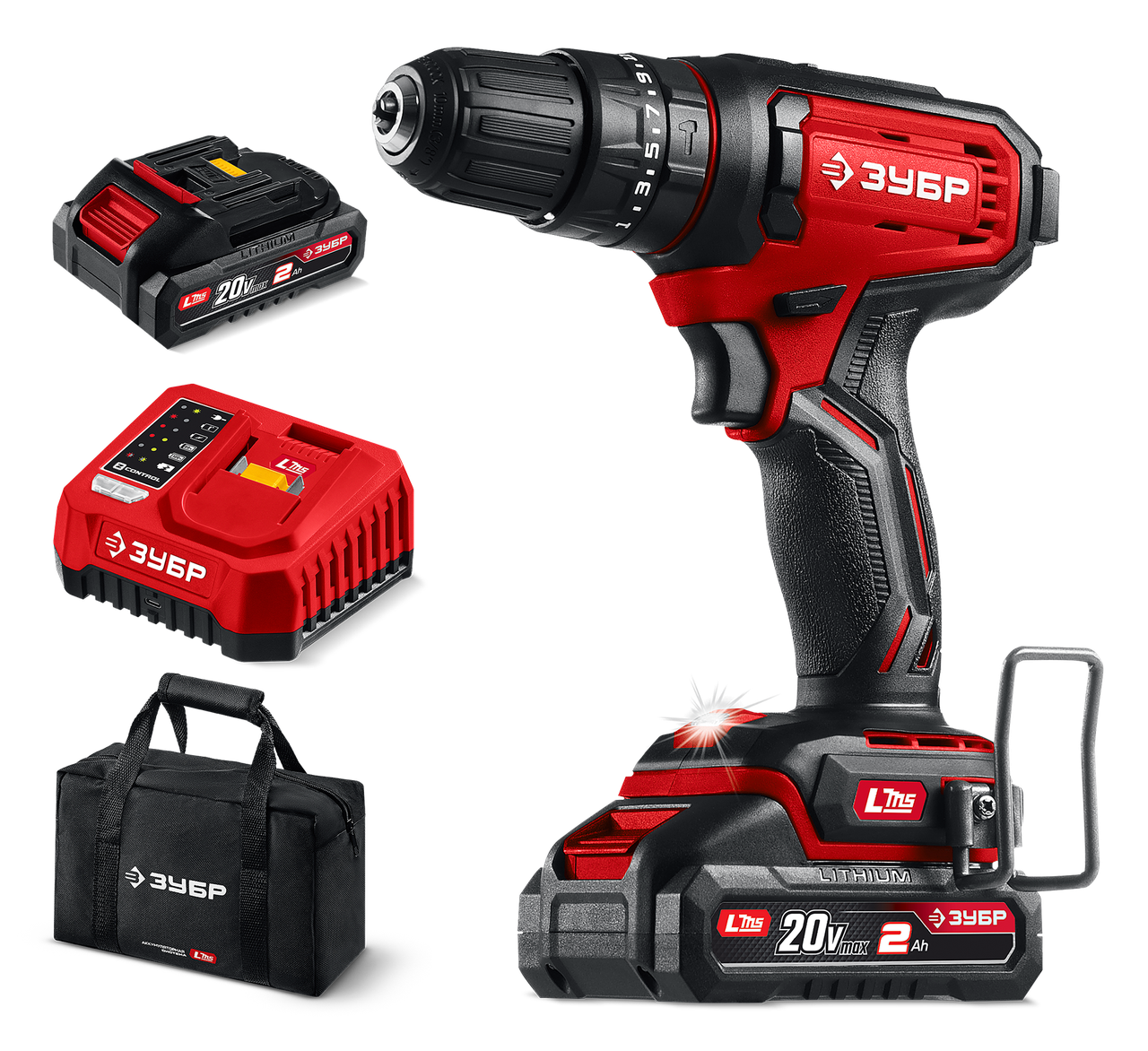 ЗУБР 20 В, 40 Н·м, 2 АКБ LMS (2 А·ч), ударная дрель-шуруповерт, сумка (ДШУ-40-22), фото 1