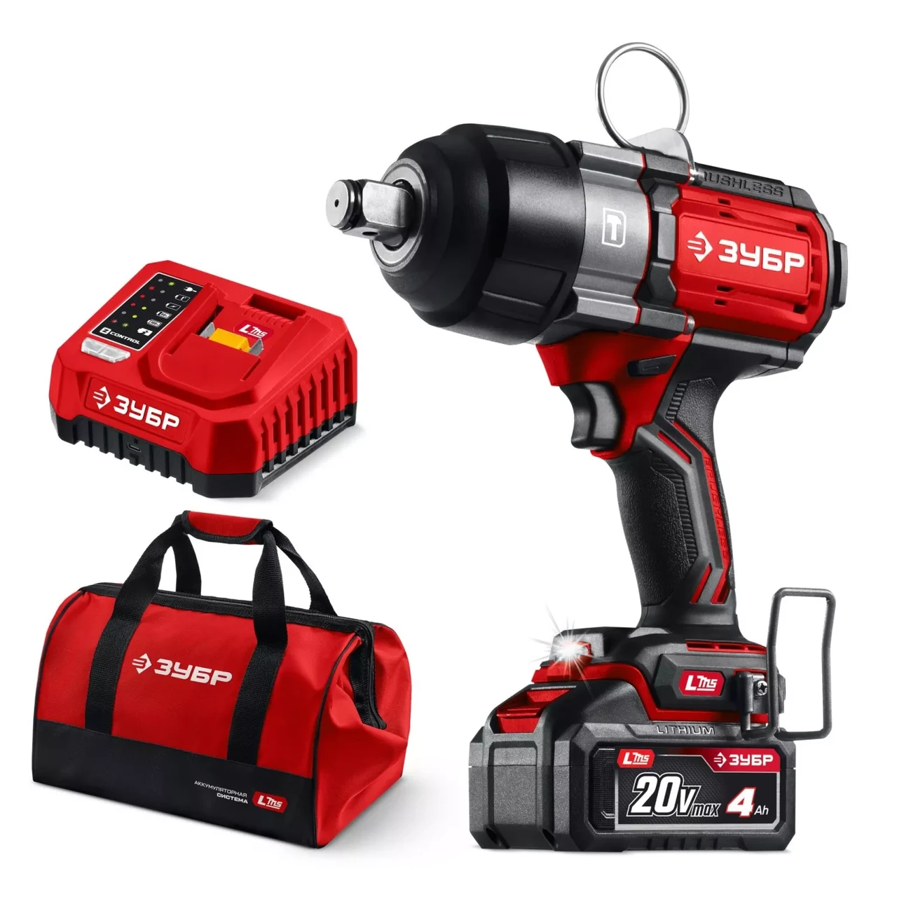 ЗУБР 20 В, 1000 Н·м, 1 АКБ LMS (4 А·ч), бесщеточный ударный гайковерт, сумка (ГБУ-1000-41), фото 1