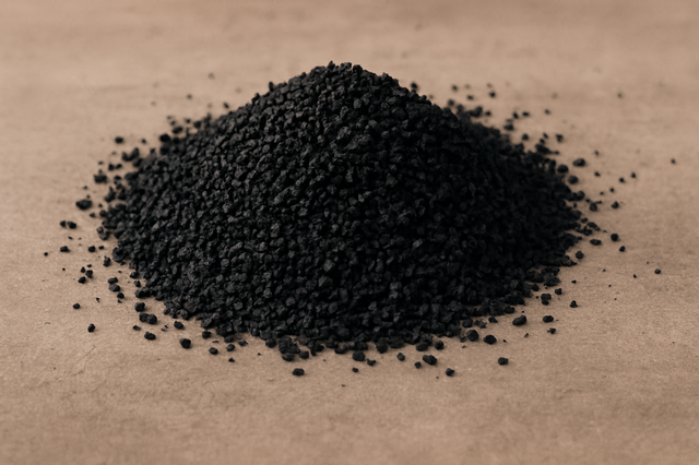 Купить резиновую крошку в Астане по низкой цене Куча чёрной резиновой крошки на коричневой поверхности