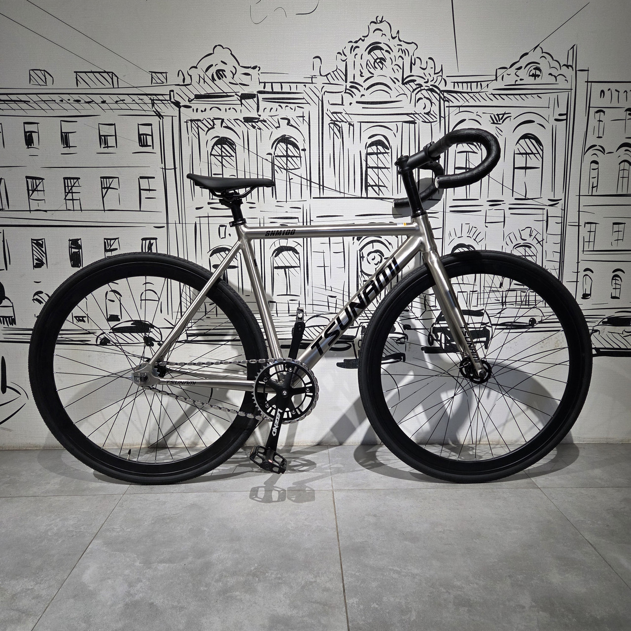 Серебристый Велосипед "TSUNAMI" SNM100. FIX + Singlespeed 2 в 1. Фикс. Сингл. ТСУНАМИ. Цунами. Silver. Рама S., фото 1