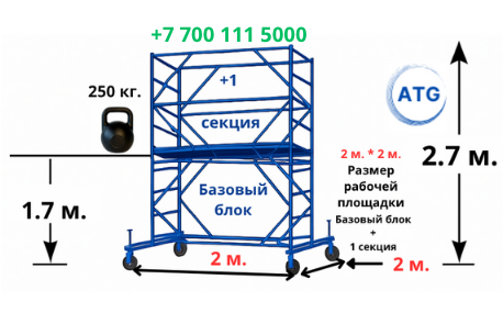 Вышка тура ATG Базовый блок + 1 секция. Высота 2,7 м. Размер рабочей площадки 2*2
