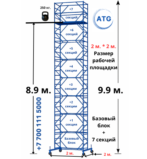 Вышка тура ATG Базовый блок + 7 секций. Высота 9,9 м. Размер рабочей площадки 2*2