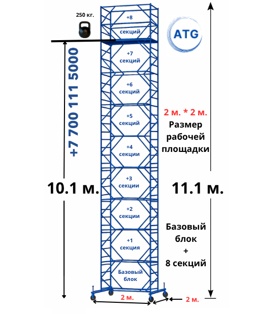 Вышка тура ATG Базовый блок + 8 секций. Высота 11,1 м. Размер рабочей площадки 2*2