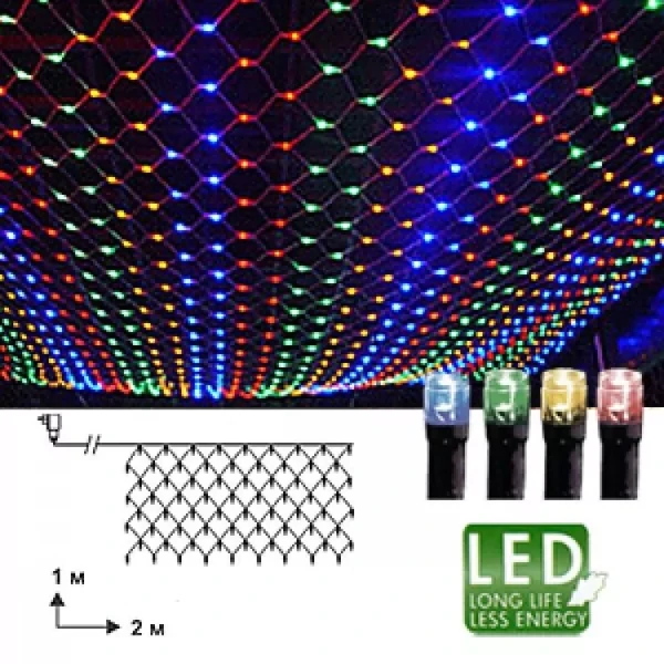 Гирлянда сетка 2x1м разноцветная кабель черный 10м 96диодов LED outdoor 476-61, фото 1