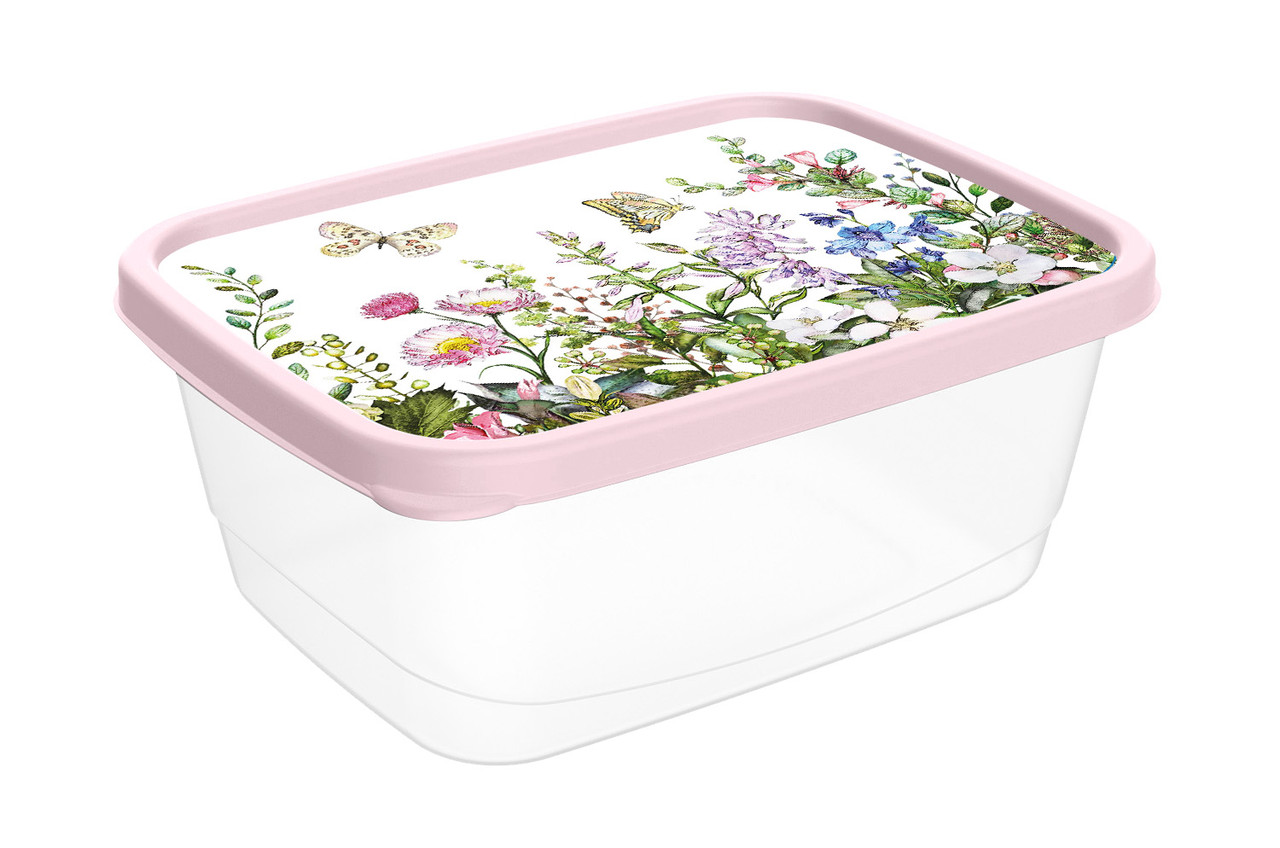Контейнер для продуктов прямоугольный 0,85л с декором "Цветущий луг" (светло-розовый)