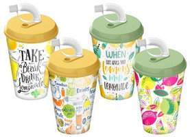 Стакан с крышкой 420мл "Пикник" с трубочкой и колпачком (микс)