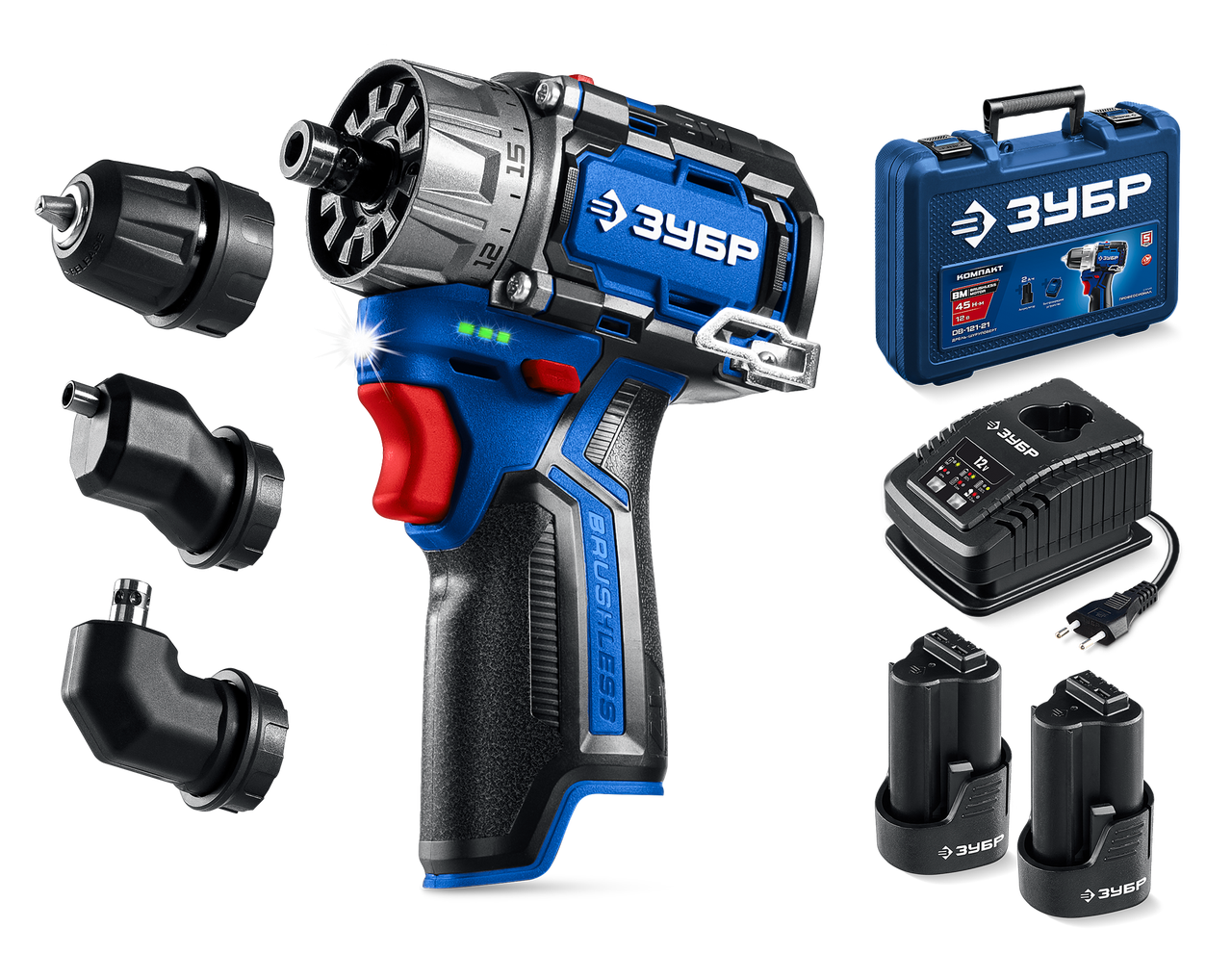 ЗУБР КОМБИ #3, 12 В, 45 Н·м, 2 АКБ тип Т7 (2 А·ч), модульная дрель-шуруповерт, BRUSHLESS, кейс, Профессионал