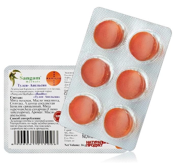 Леденцы  Апельсин и Тулси от кашля и боли в горле 1 блистер/6 шт, Sangam Herbals