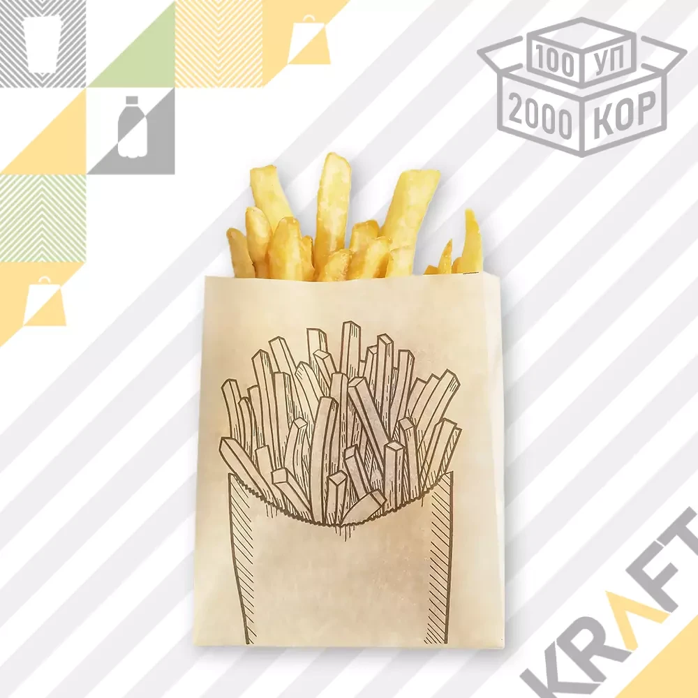 Пакет бумажный с рисунком "КАРТОШКА ФРИ", 115 х 100 + 30 мм, жиростойкий, коричневый (100/2000), фото 1