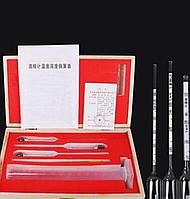 Набор спиртометров 0 100% с термометром и пластиковым цилиндром в деревянном кейсе