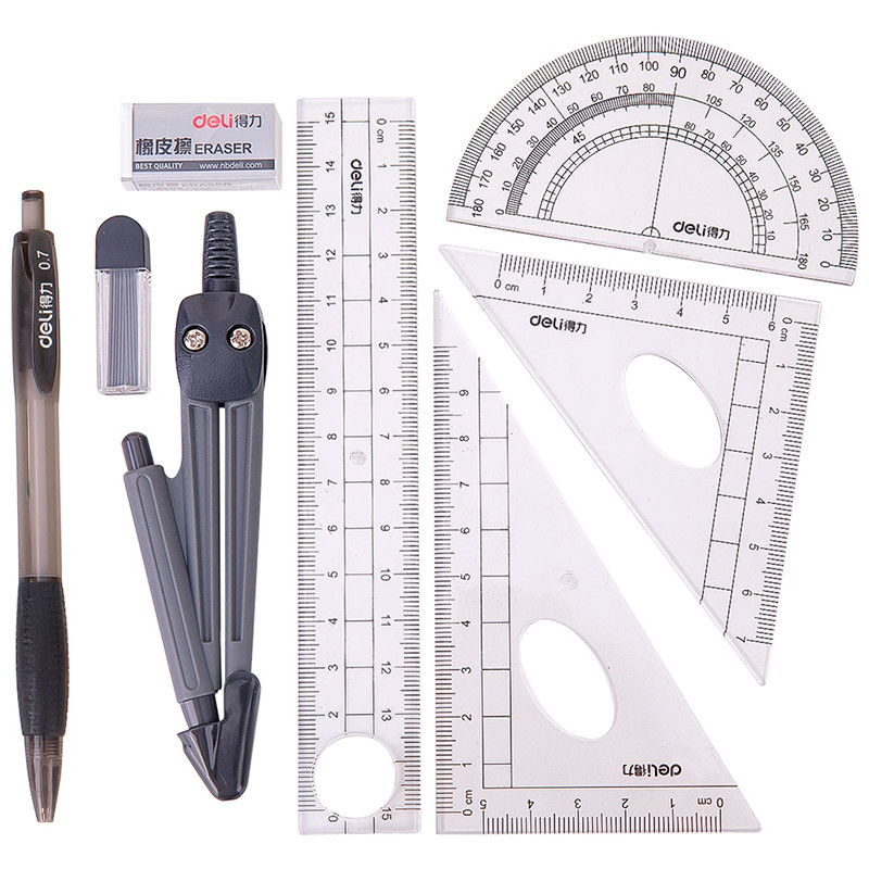 Готовальня Deli "Компас", 8 предметов, 180х75х25мм, пластиковый футляр