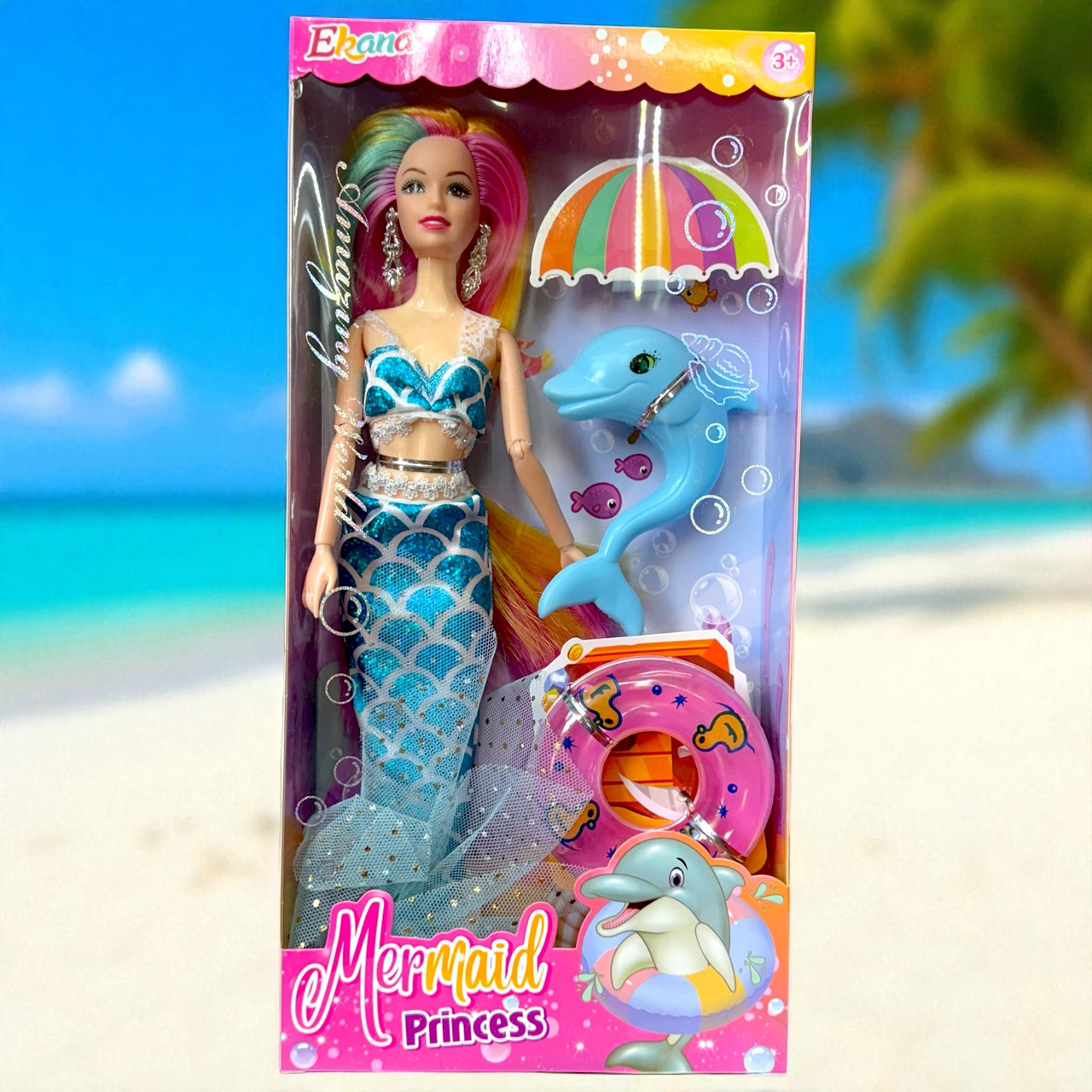 FQ203K1 Русалка (голубая) + дельфин+круг (руки,ноги подвижны) 32х16см, фото 1