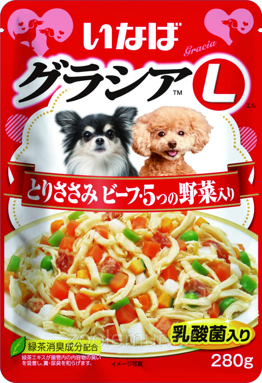 Влажный корм INABA Gracia L для собак Куриное филе с говядиной и 5 видами овощей в желе, паучи 280г