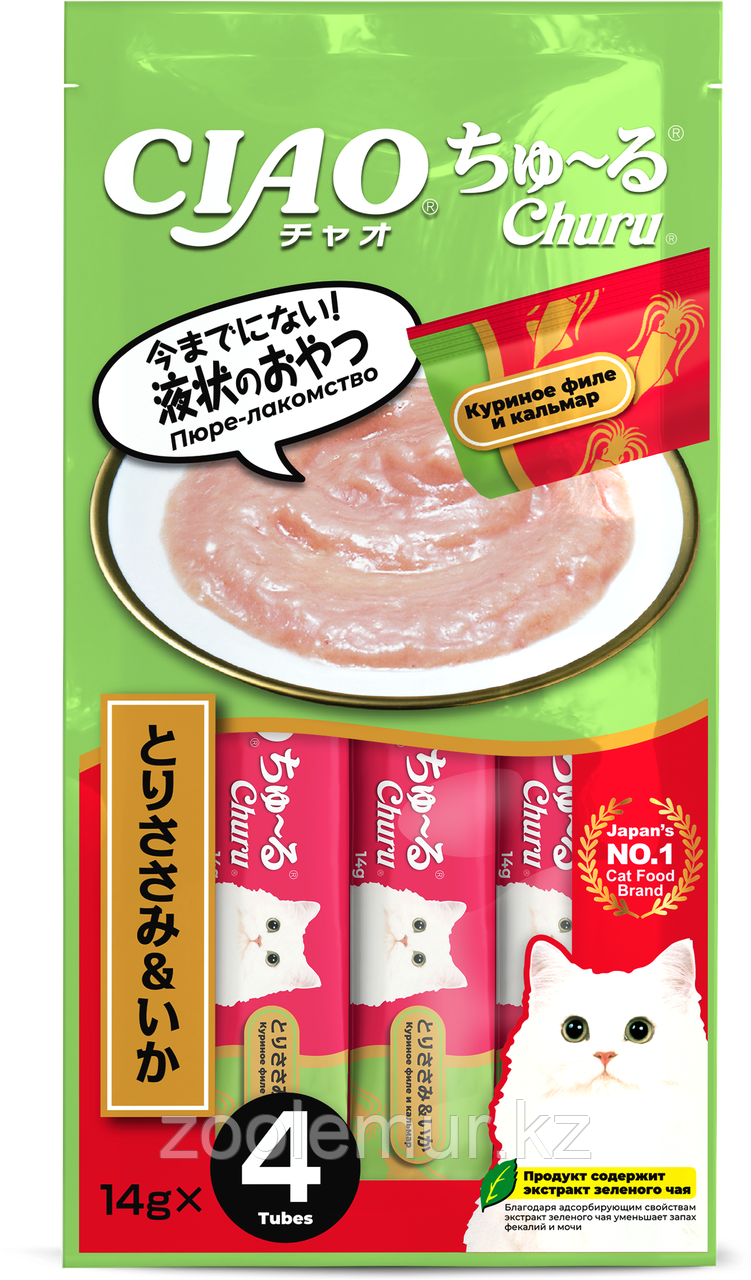 Лакомство-пюре CIAO Churu пюре для кошек Куриное филе и кальмар 14г * 4шт