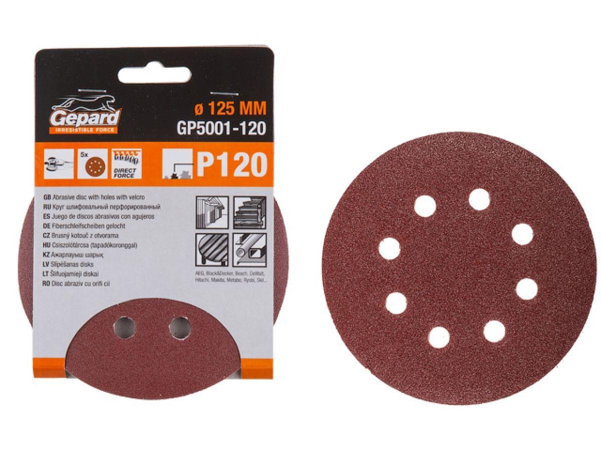 Шлифлист 125мм круг Р120 д/дерева 8 отв. 5шт. GEPARD (GP5001-120), фото 1