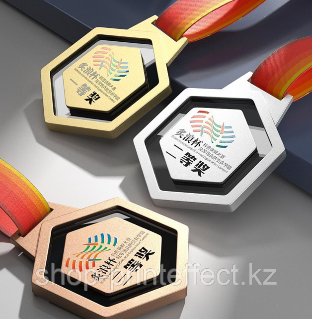 Медаль наградная шестиугольная с центральным гексагоном YCZ-0013 ("золото" / "серебро" / "бронза" ), фото 1