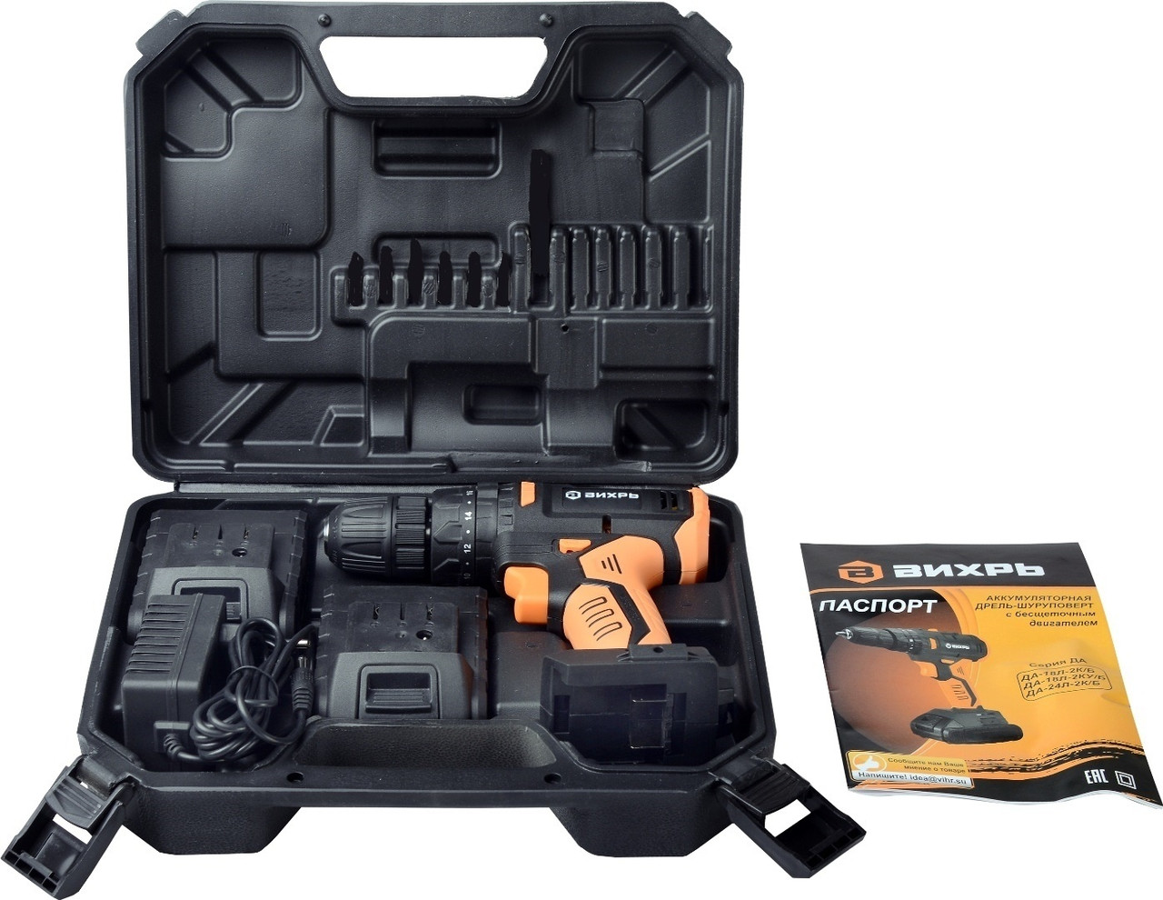 Дрель-шуруповерт аккумуляторная ДА-18Л-2КУ/Б (2,0 А/ч) (бесщеточный двигатель, ударный) Вихрь, фото 1