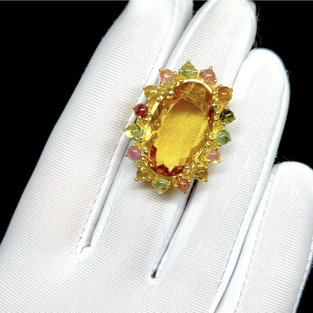 Шикарное кольцо с натуральным Цитрином и Турмалинами, фото 1