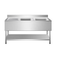 Рабочий стол из нержавеющей стали с двумя мойками (с бортиком и полкой) 1600*600*860+35