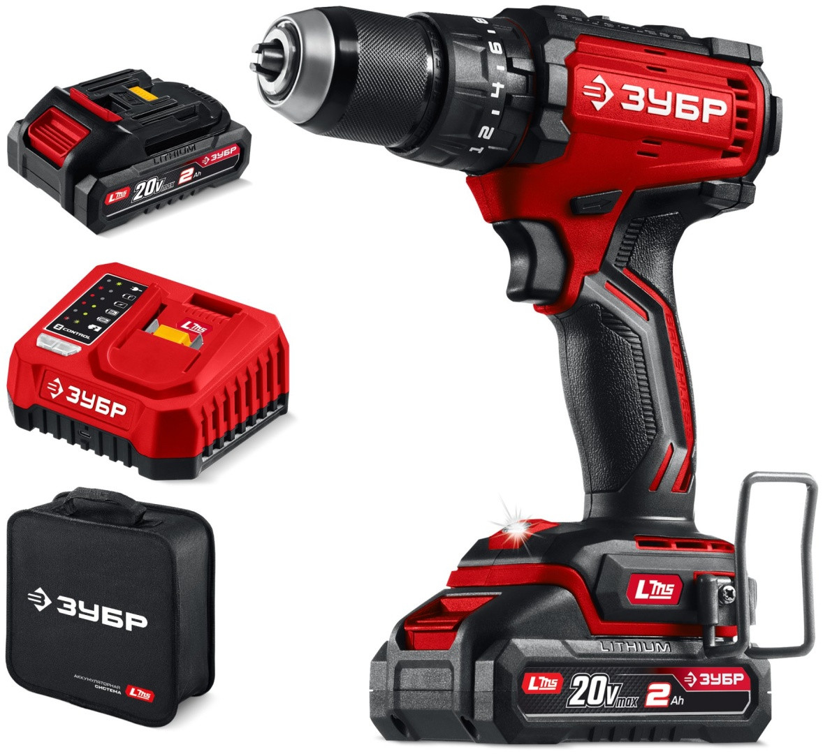 ЗУБР 20 В, 65 Н·м, 2 АКБ LMS (2 А·ч), бесщеточная ударная дрель-шуруповерт, сумка (ДБУ-65-22), фото 1