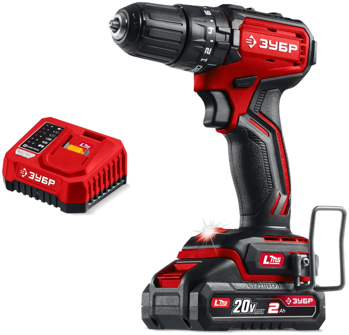 ЗУБР 20 В, 45 Н·м, 1 АКБ LMS (2 А·ч), бесщеточная ударная дрель-шуруповерт (ДБУ-45-21), фото 1