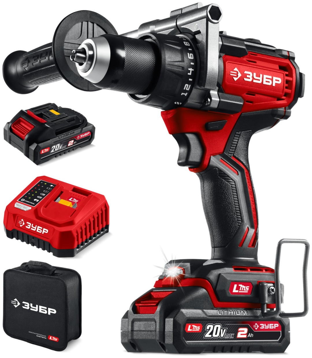 ЗУБР 20 В, 165 Н·м, 2 АКБ LMS (2 А·ч), бесщеточная дрель-шуруповерт, сумка (ДБ-165-22), фото 1