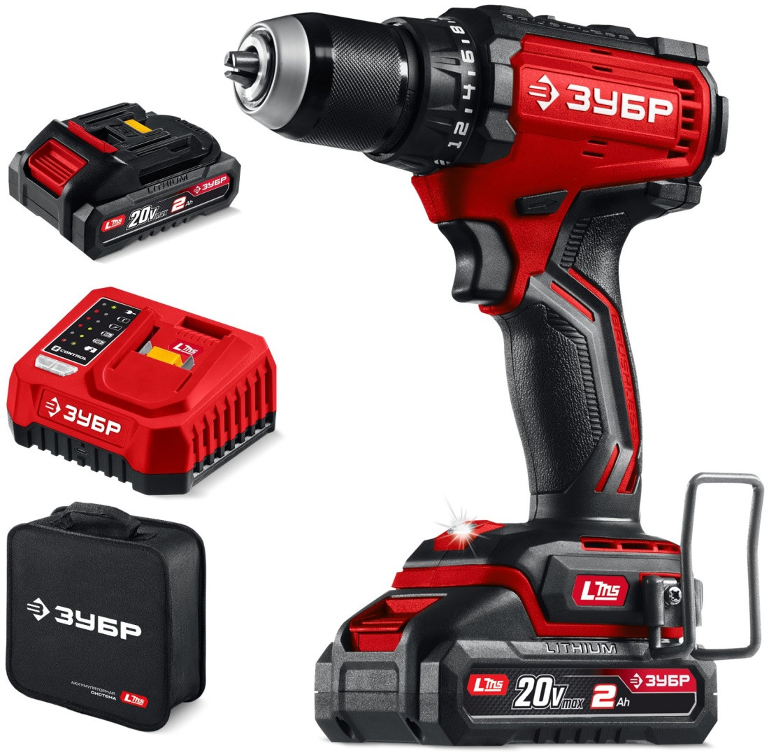 ЗУБР 20 В, 65 Н·м, 2 АКБ LMS (2 А·ч), бесщеточная дрель-шуруповерт, сумка (ДБ-65-22), фото 1