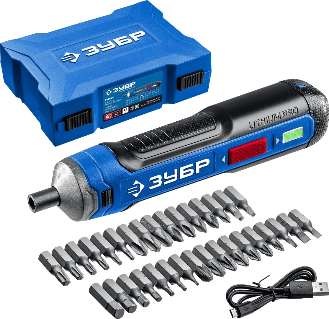 ЗУБР ZUBR GO 4 Vmax, аккумуляторная отвертка, кейс, 33 биты, Профессионал (PSD-4S), фото 1