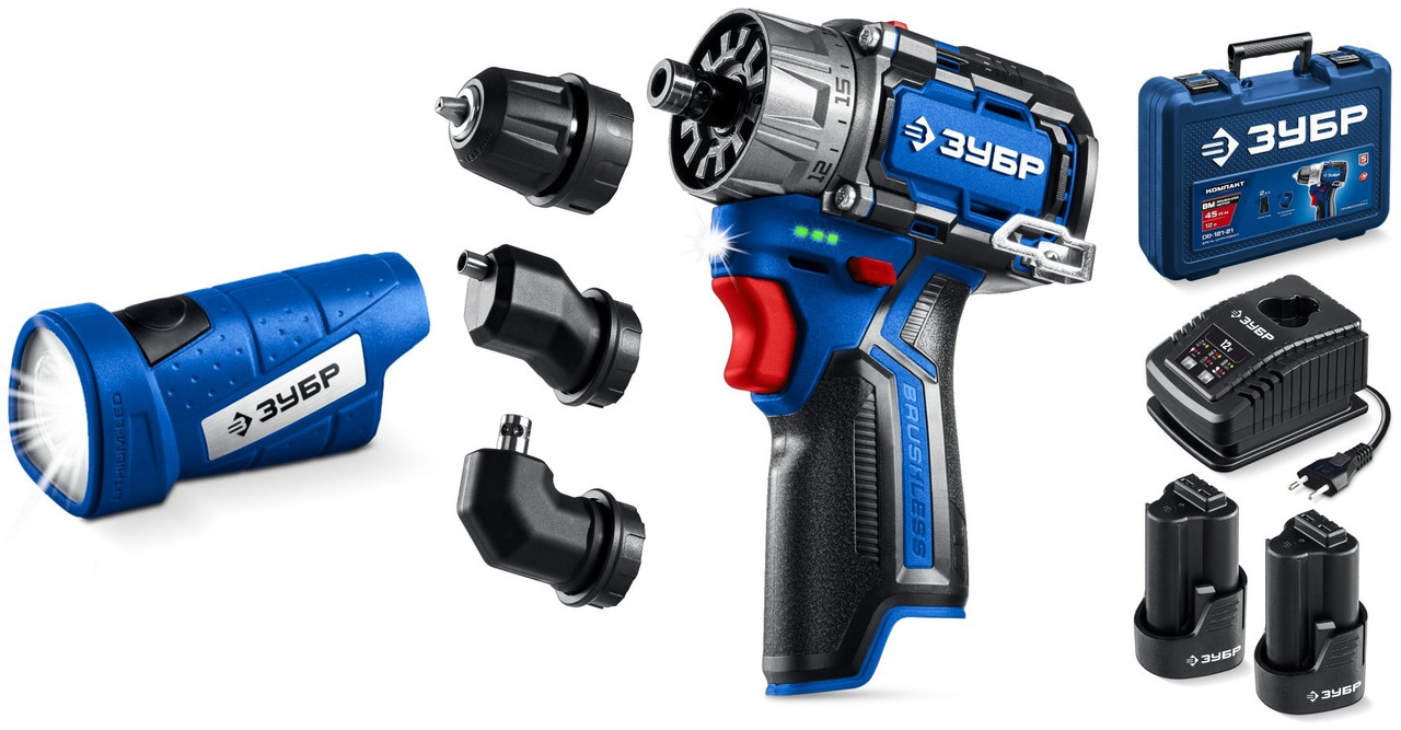 ЗУБР КОМБИ #5 набор: дрель-шуруповерт + мини УШМ + LED фонарь, BRUSHLESS, 12 В, 45 Н·м, 2 АКБ тип Т7 (4 и 2 А·ч), кейс, Профессион, фото 1