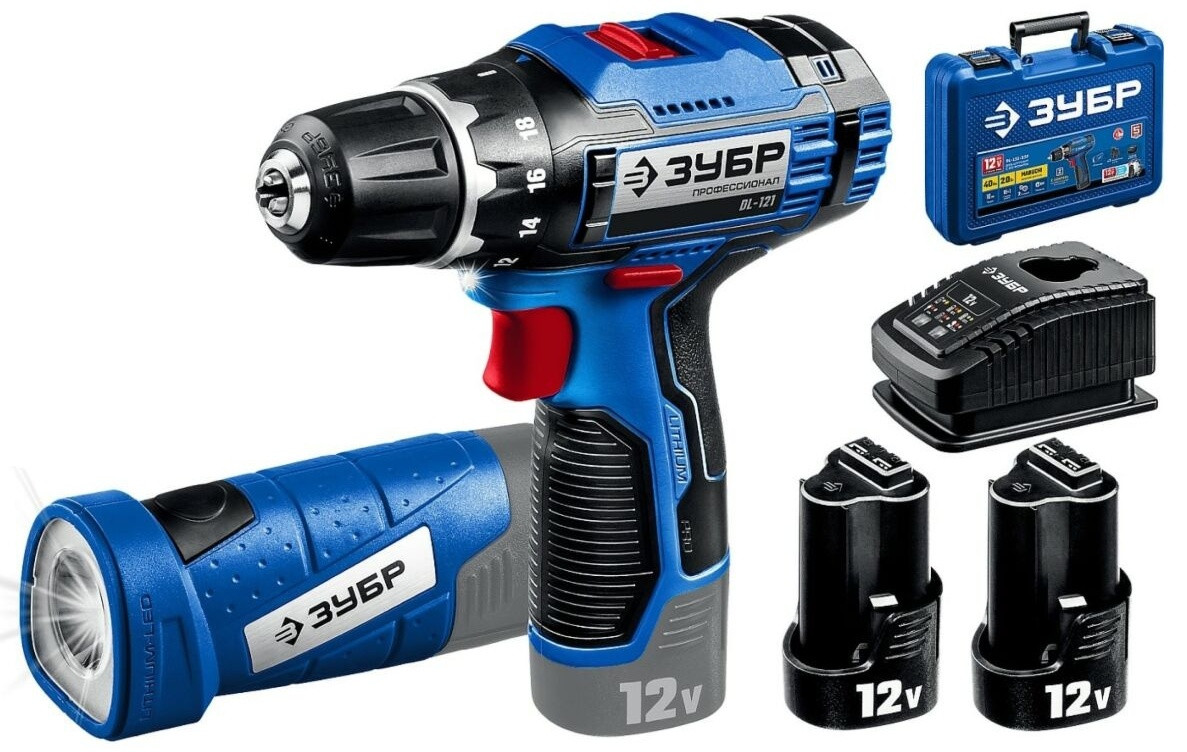 ЗУБР КОМПАКТ #4, набор: дрель-шуруповерт + LED фонарь, BRUSHLESS, 12 В, 45 Н·м, 2 АКБ тип Т7 (2 А·ч), кейс, Профессионал (DB-121-2, фото 1