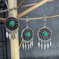 Комплект казахских национальных украшений круглые серебристые с березовым камнем