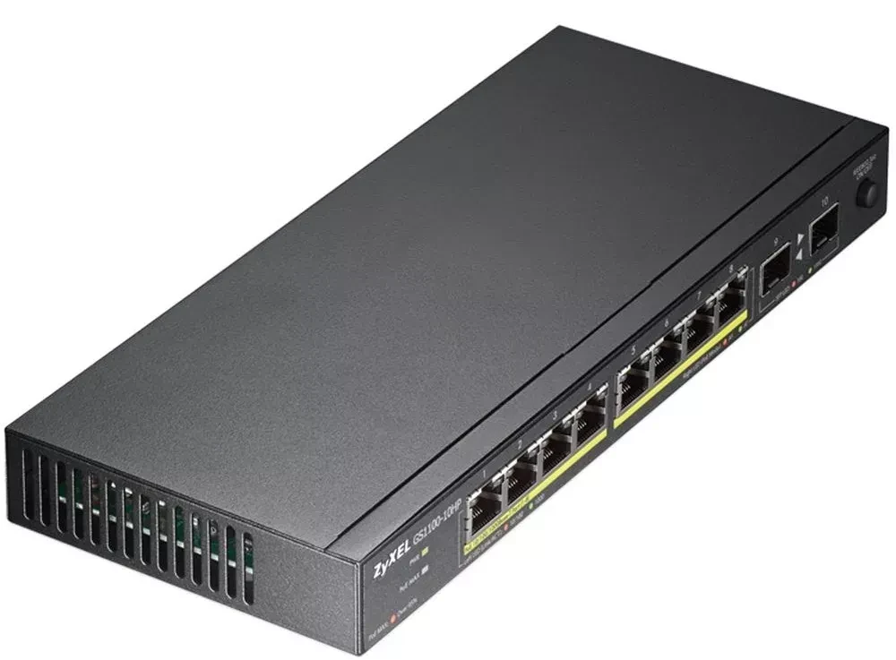 Коммутатор Unmanaged Gigabit PoE Switch Zyxel GS1100-10HP, 8xRJ-45: 1G PoE+, 2xSFP, 130W PoE budget, desktop,