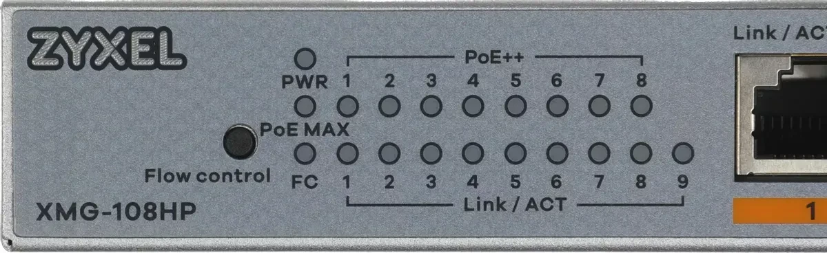 Коммутатор Unmanaged Multi-Gigabit PoE Switch Zyxel XMG-108HP, 8xRJ-45: 1/2.5G PoE++, 1xSFP+, 100W PoE budget,, фото 1
