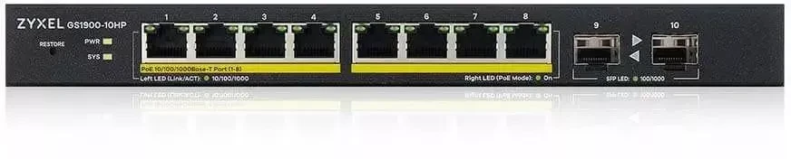Коммутатор Smart L2 Gigabit PoE Switch Zyxel GS1900-10HP, 8xRJ-45: 1G PoE+, 2xSFP, 77W PoE budget, desktop,, фото 1