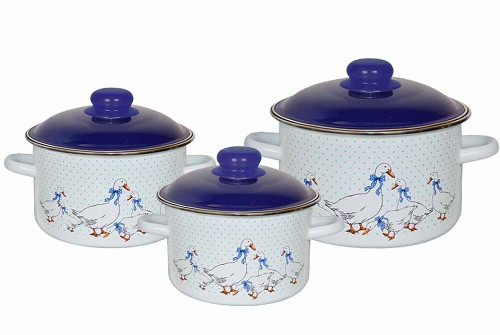 Набор кастрюль эмалированных (2 л, 3 л, 5,5 л) л, Стальэмаль 6KB191M, Гуси, белоснежный, фото 1