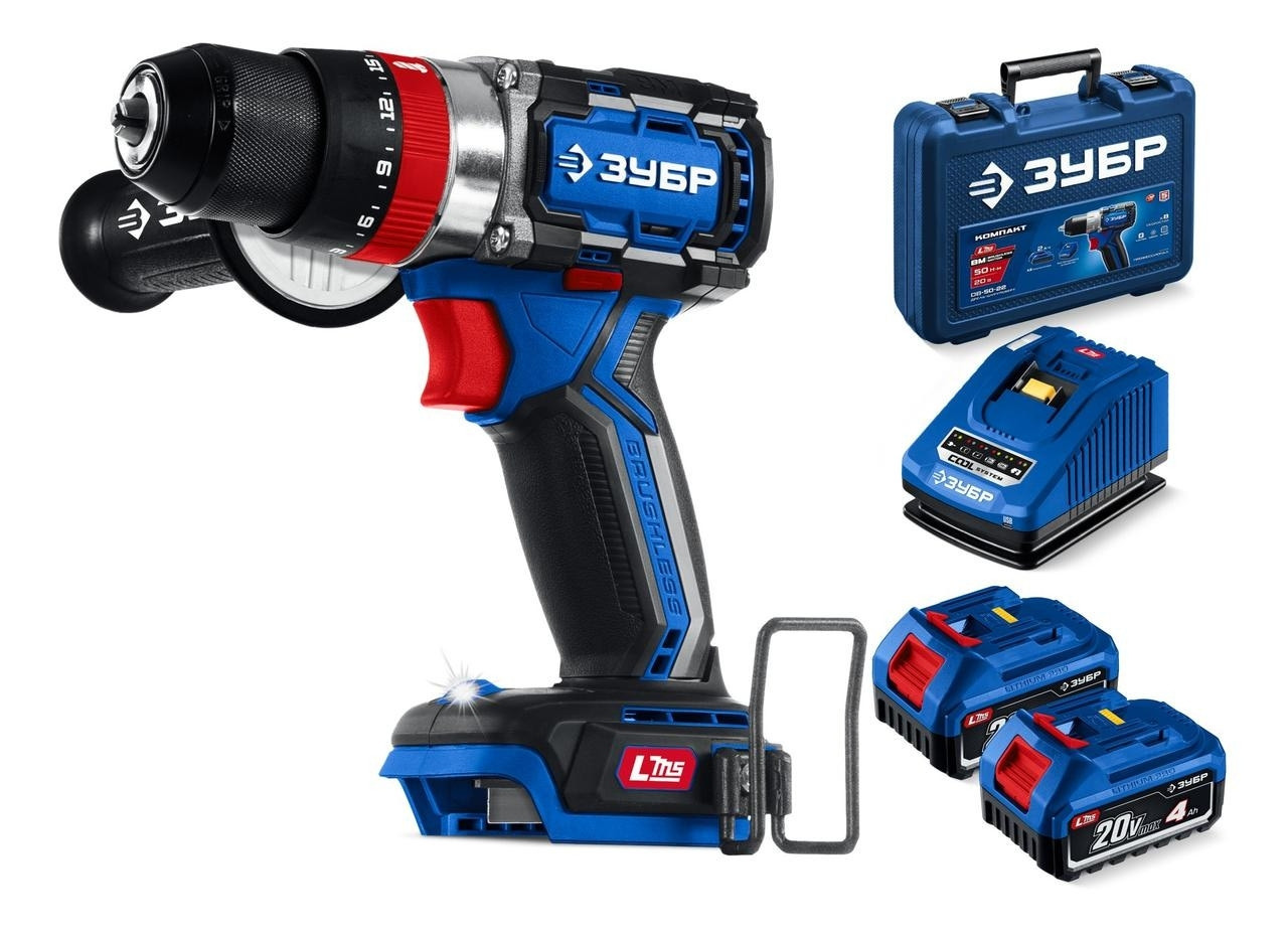 ЗУБР 20 В, 70 Н·м, 2 АКБ LMS (4 А·ч), бесщеточная ударная дрель-шуруповерт, кейс, ПРОФЕССИОНАЛ (DBS-70-42), фото 1