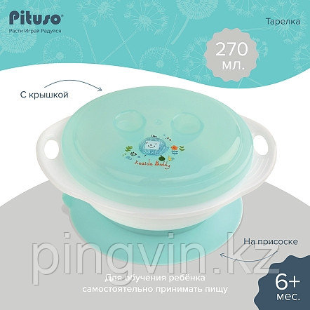 PITUSO Тарелка детская на присоске с крышкой 270 мл Mint, фото 1