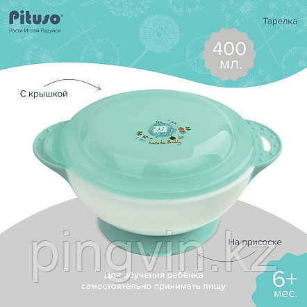 PITUSO Тарелка детская на присоске с крышкой 400 мл Mint, фото 1