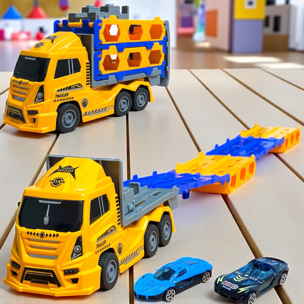 700-71 Трейлер трек пуской механизм + 2 машины 25х22см, фото 1