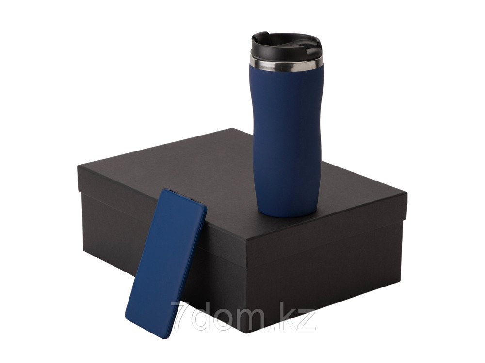 Подарочный набор c вакуумной термокружкой и повербанком С1, темно-синий, фото 1