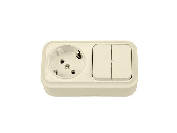 Блок выкл. 2 клав. + розетка (открытая, с/з) бежевая, Вариант, BYLECTRICA, фото 1