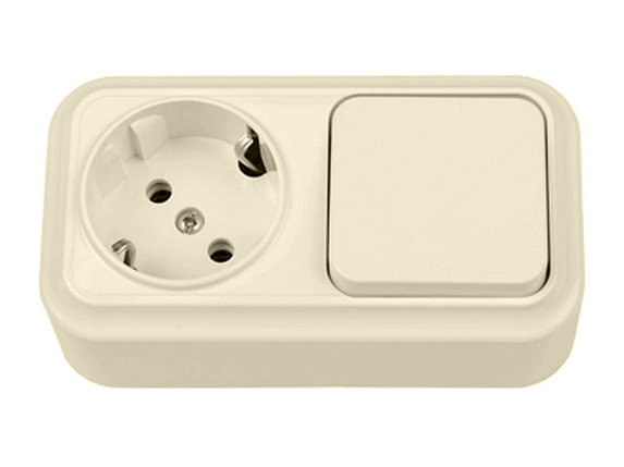 Блок выкл. 1 клав. + розетка (открытая, с/з) бежеваяя, Вариант, BYLECTRICA, фото 1