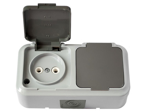 Розетка 2-ая (открытая, б/з, брызг. защ.) серая, Пралеска Аква, Bylectrica, фото 1